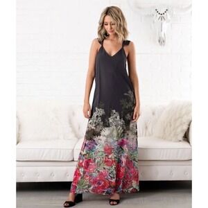 NEW Everly Black Floral Print Ruffle Back Chiffon Lined Maxi Dress Small